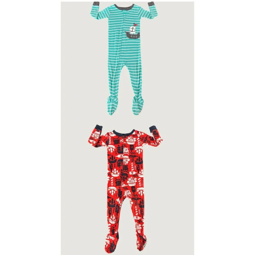 Carters 24M Baby Footed Pajamas 2ct Pirate Ship Nautical Red Teal Cotton 1491